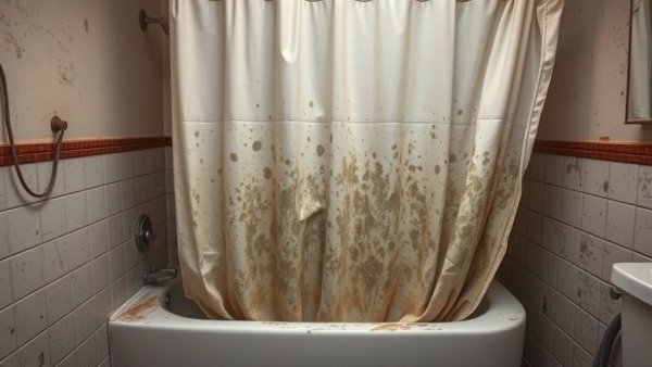 Moldy shower curtain and bathtub in need of renovation for a fresh bathroom look.