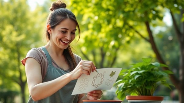 Woman stencils planter pot outdoors - how to stencil your planter pots.
