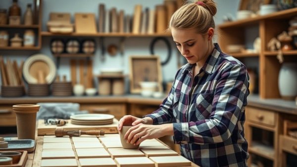 Woman crafting DIY home decor ceramic tiles in a workshop.