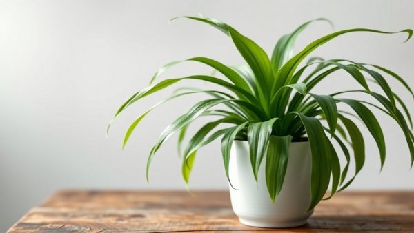 Vibrant spider plant on wooden table in soft light.
