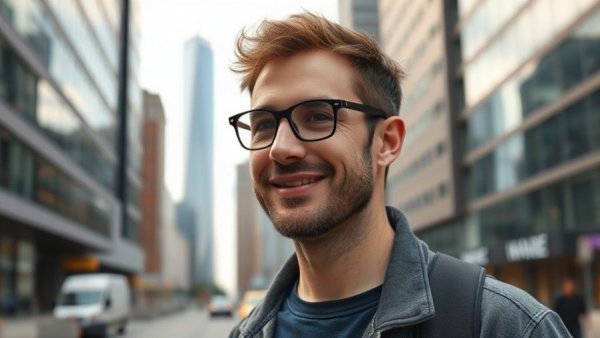Casual man in urban setting with glasses in cityscape background.