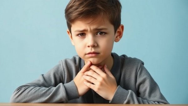 Person touching throat indicating postnasal drip and throat clearing.