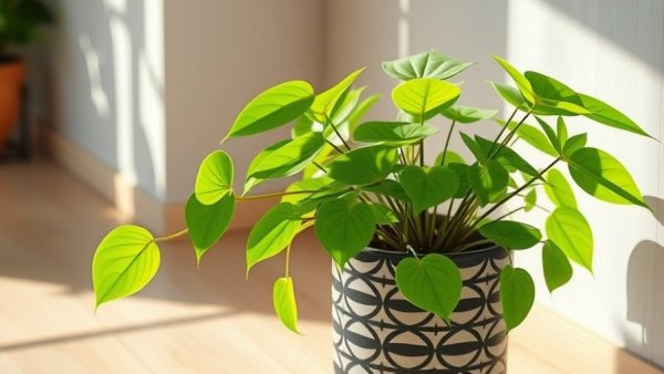 Healthy Chinese money plant in decorative pot, close-up view.
