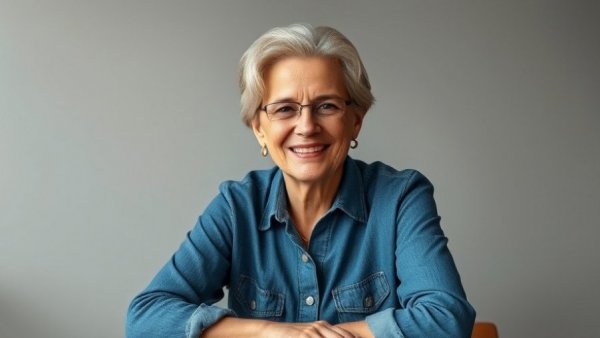Smiling senior woman in denim shirt, relaxed in senior living communities setting.