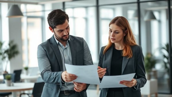 Two professionals discuss paperwork in an office for real estate advice.