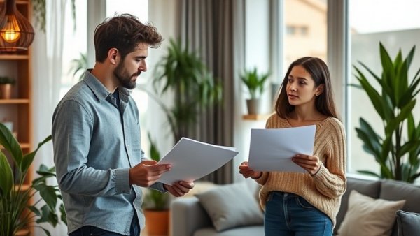 Young couple asking questions to a realtor in modern apartment.