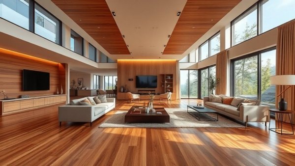 Luxurious living room with 2026 hardwood flooring trends, elegant decor, and natural light.