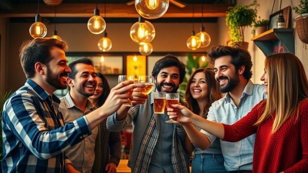 Group of freelancers joyfully celebrating in a cozy setting.