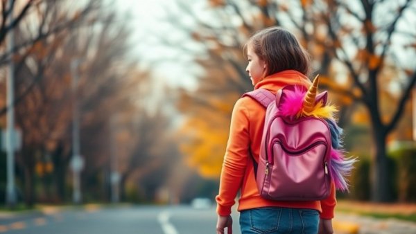 Child walking alone with unicorn backpack, symbolizing children's exposure.