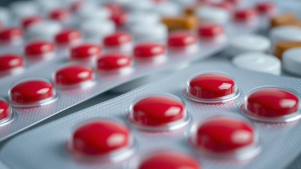 Close-up of red tablets in blister packs, winter storm medical preparation.