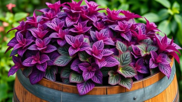 Vibrant plants growing in a wine barrel in a lush garden.