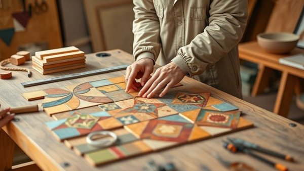 Person measuring tiles for a DIY home decor project in a workshop.