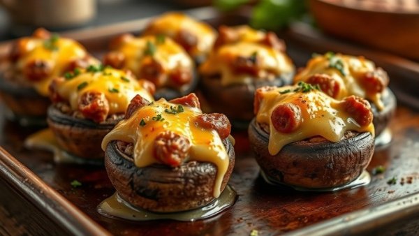 Sausage stuffed mushrooms with melted cheese on a baking tray.