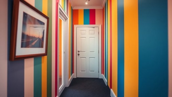 Colorful hallway with white door illustrating floor plan changes over time.