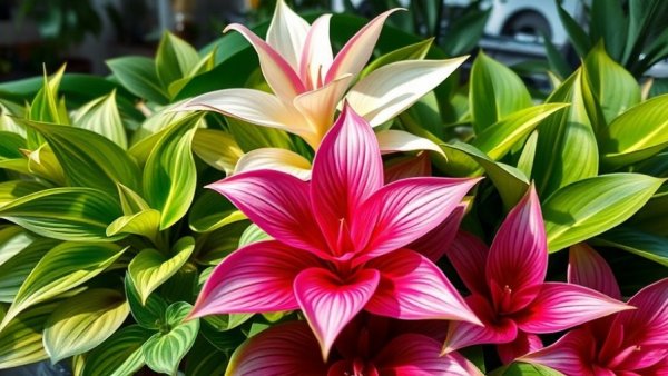 Vibrant Stromanthe Triostar plants with colorful leaves showing how to grow them.
