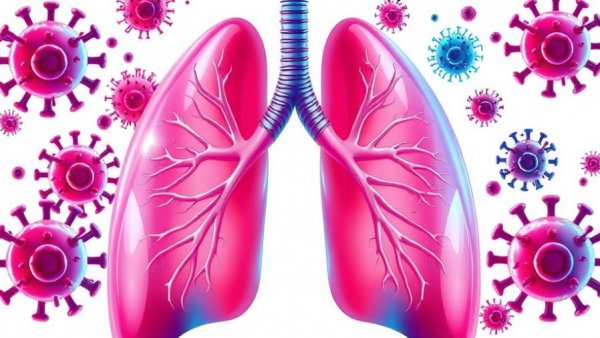 Illustration of lungs and virus cells, pulmonary embolism context, vector art.