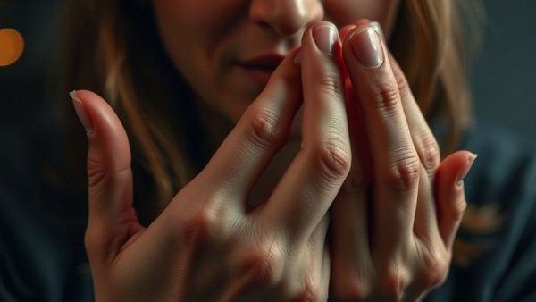 Woman holding her hands, expressing discomfort, tingling sensation.