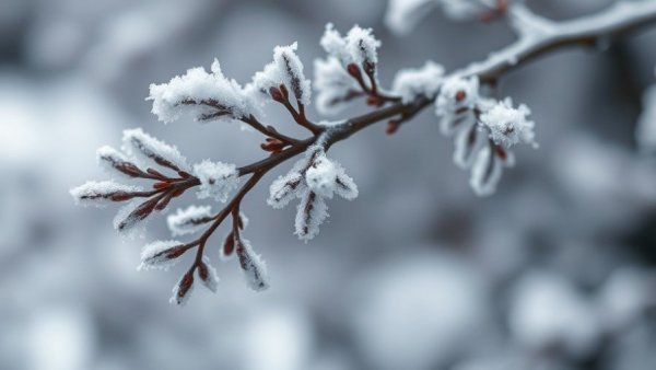 Frost-covered branch emphasizes cold in preventing hypothermia and frostbite.