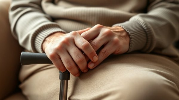 Elderly hands resting on a cane, highlighting aging and support, Medication Side Effects in Elderly Adults.