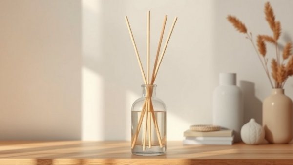 Natural reed diffuser on wooden surface with warm lighting.