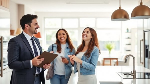 Couple exploring kitchen with real estate agent, assessing how much house they can afford.
