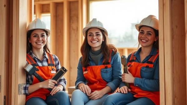 Three women volunteers at a housing site, promoting housing assistance programs.