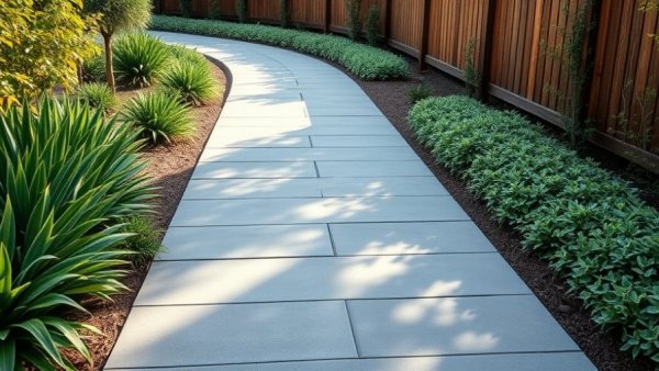 Stylish modern walkway design with lush greenery and wooden fences.
