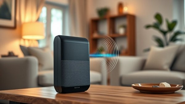 Smart speaker in cozy living room displaying sound wave hologram.