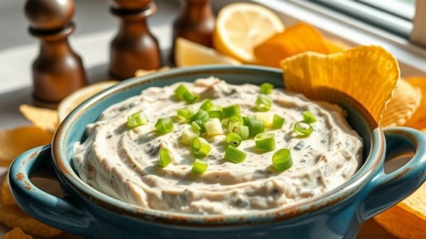 Delicious clam dip recipe with chips and lemon.