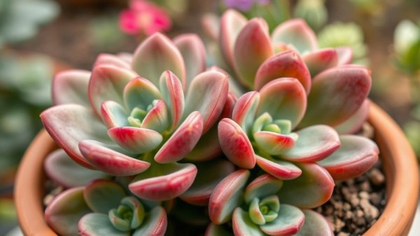 Close-up of crassula succulents in a terracotta pot, showcasing their thick leaves.