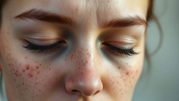 Close-up of freckled skin, resembling psoriasis symptoms.