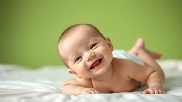Happy baby lying on a bed, illustrating baby behavior.