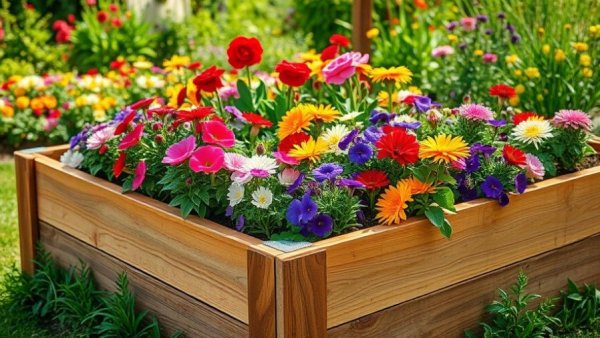 Colorful flowers in a wooden raised garden bed showcasing the best materials for raised garden beds.