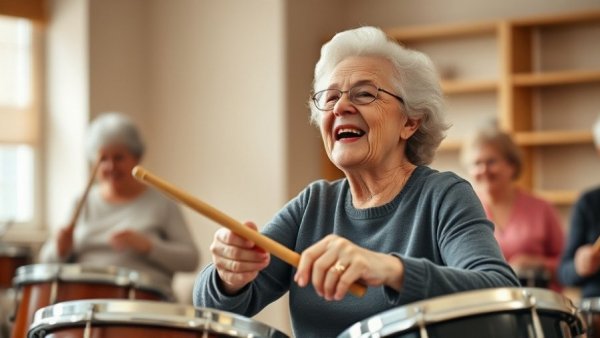 Elderly woman in senior living community enjoying percussion activity.