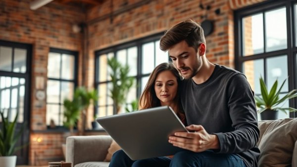 Young couple discussing ARM loan options intently in modern living room.