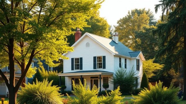 Modern white house in suburb, vibrant greenery, sunlit.