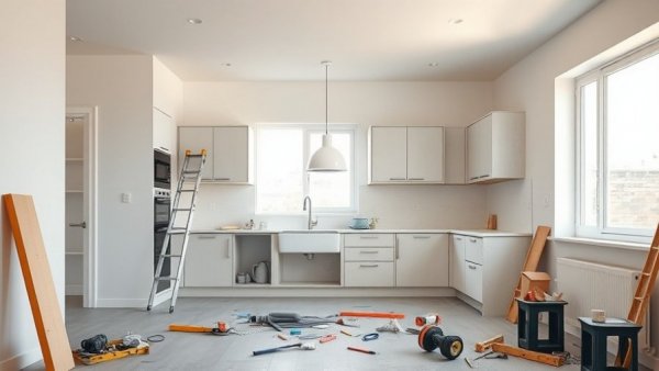 Renovation scene of a modern kitchen, flipping a house.