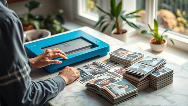 A person's hand digitizing old photos using a blue flatbed scanner, showcasing the best way to preserve memories.