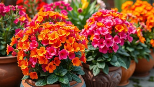 Bright Kalanchoe blooms in pots, vibrant shades showcased.