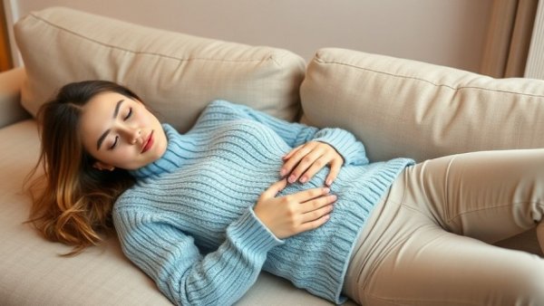 Woman experiencing PCOS symptoms, lying on couch, holding abdomen.