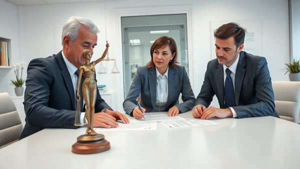 Family law emotional support - individuals discussing divorce papers in legal consultation.