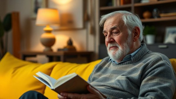 Senior man reading in a cozy senior living community.