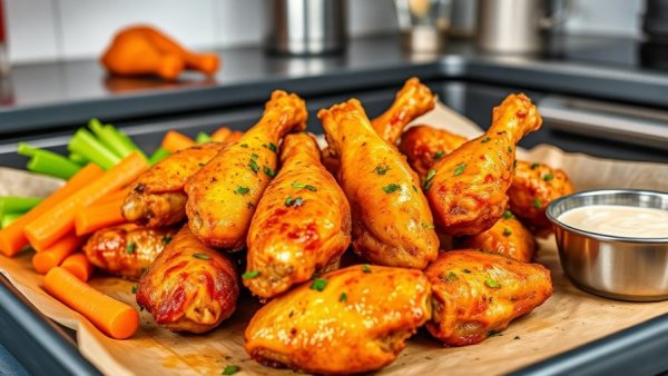 Golden crispy oven-baked chicken wings with dips and veggies.