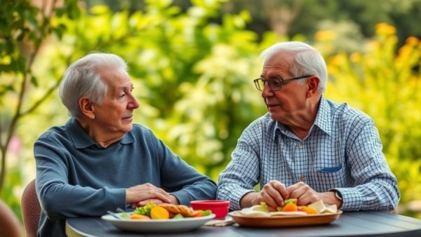 Older couple in garden discussing loss of appetite.