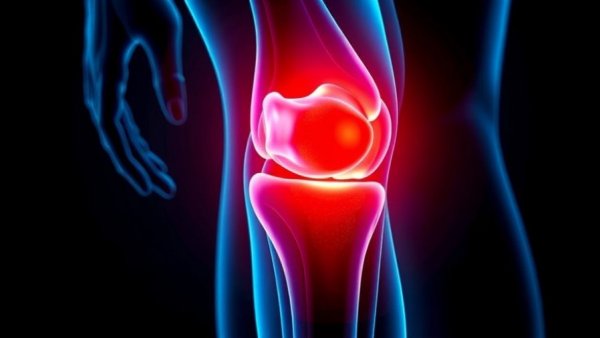 Digital illustration of osteoarthritis symptoms in knee joint with glowing pain.