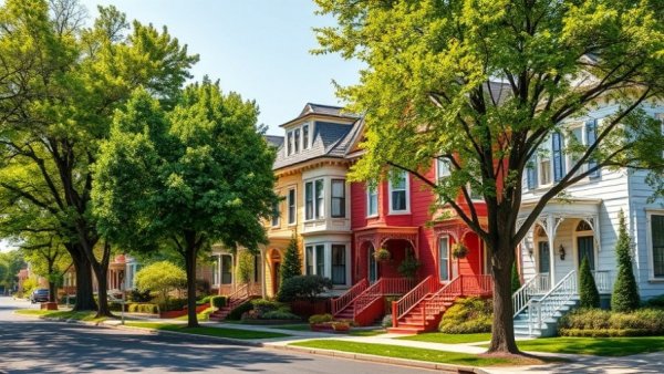 Charming historic houses on a suburban street, illustrating how home insurance is calculated.