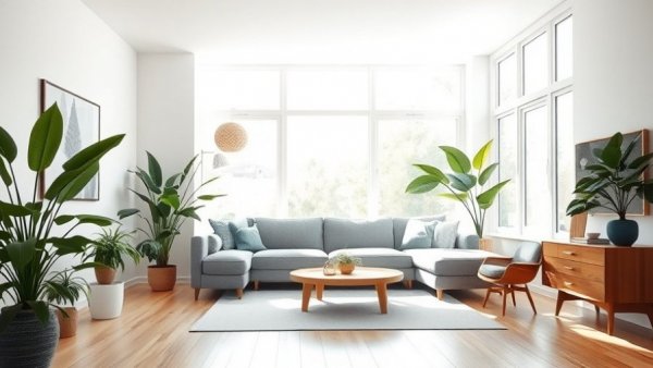 Extreme decluttering in a bright, minimalist living room with plants.