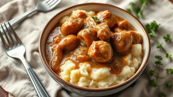 Delicious slow cooker chicken and gravy recipe over mashed potatoes.