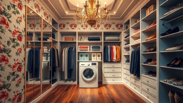 Washer and dryer in elegant walk-in closet with floral decor.