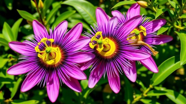 Vibrant passionflowers, a natural sleep aid herb, in a garden.